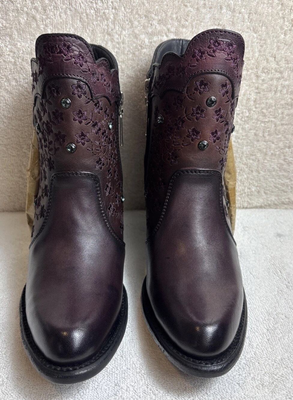 Texas Country Platino Brown Leather Floral Ankle Boots Women's Size 7